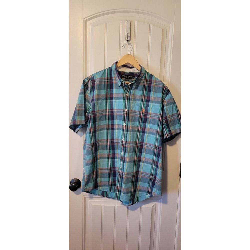 U.S. Polo Assn. Men's Plaid Cotton Short Sleeve Button-Down Shirt Blue Green  XL